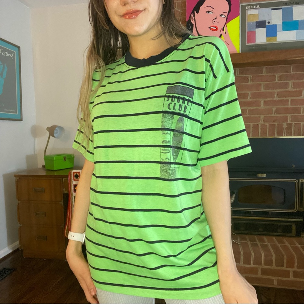 Vintage 80s Shore Club Neon Lime Stripe Oversized Surf Tee Single Stitch…